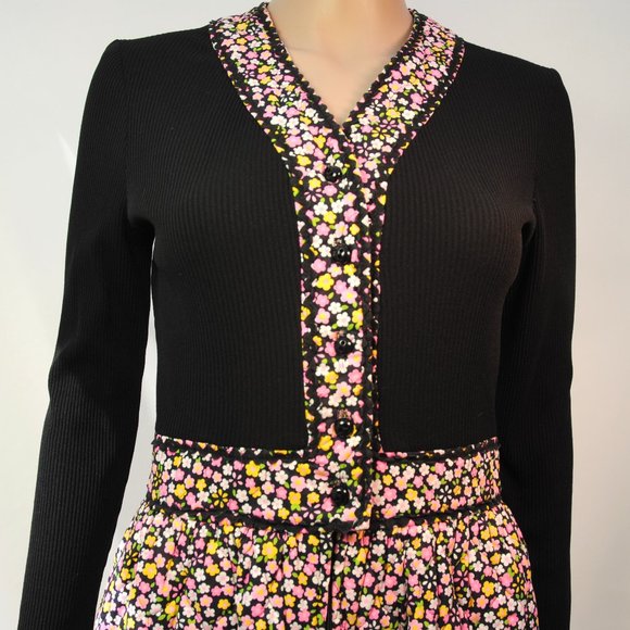 SALE! 1970s flower power dress Sue Brett, black knit top, quilted fabric skirt, - Picture 2 of 6